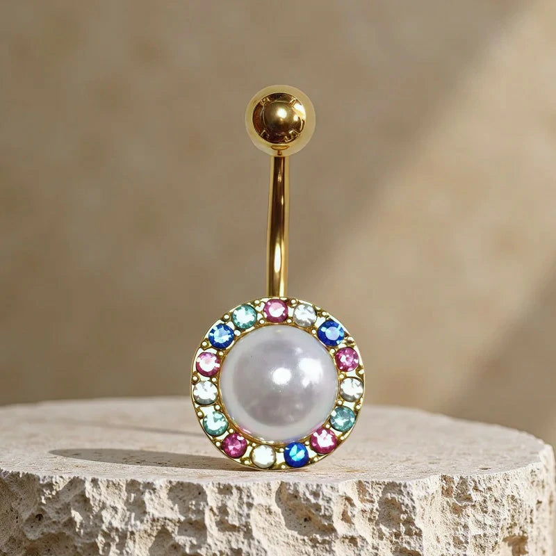 Pearl Flower Belly Button Rings 14G Surgical Stainless Steel Navel Barbell Stud