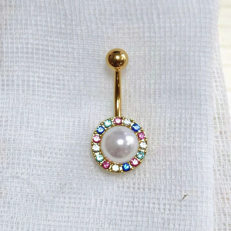 Pearl Flower Belly Button Rings 14G Surgical Stainless Steel Navel Barbell Stud