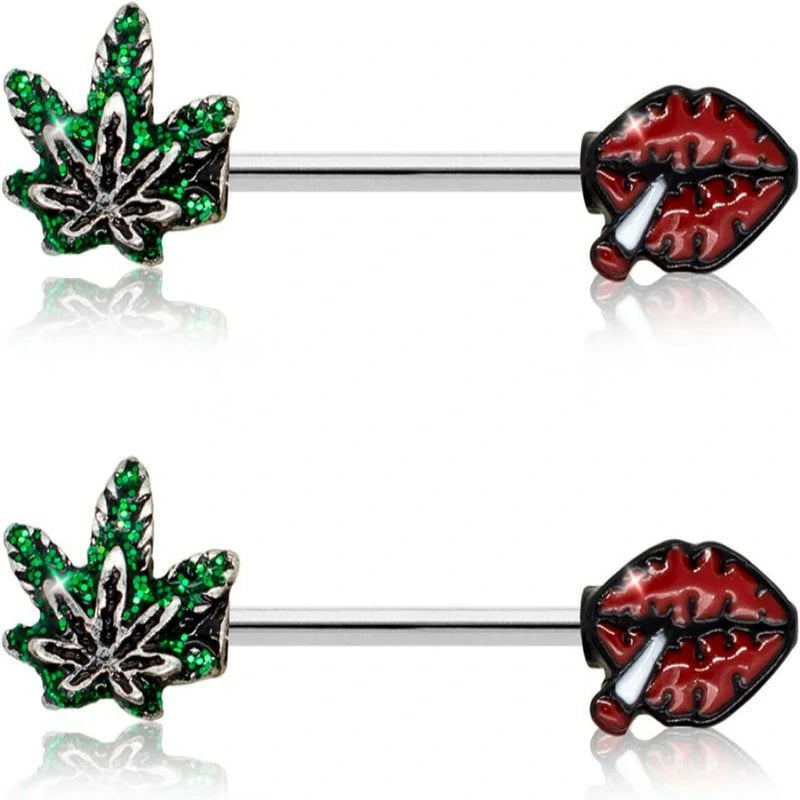 14G Barbell Marijuana Weed Leaf and Lips Smoking Cute Nipple Rings Nipple Piercing