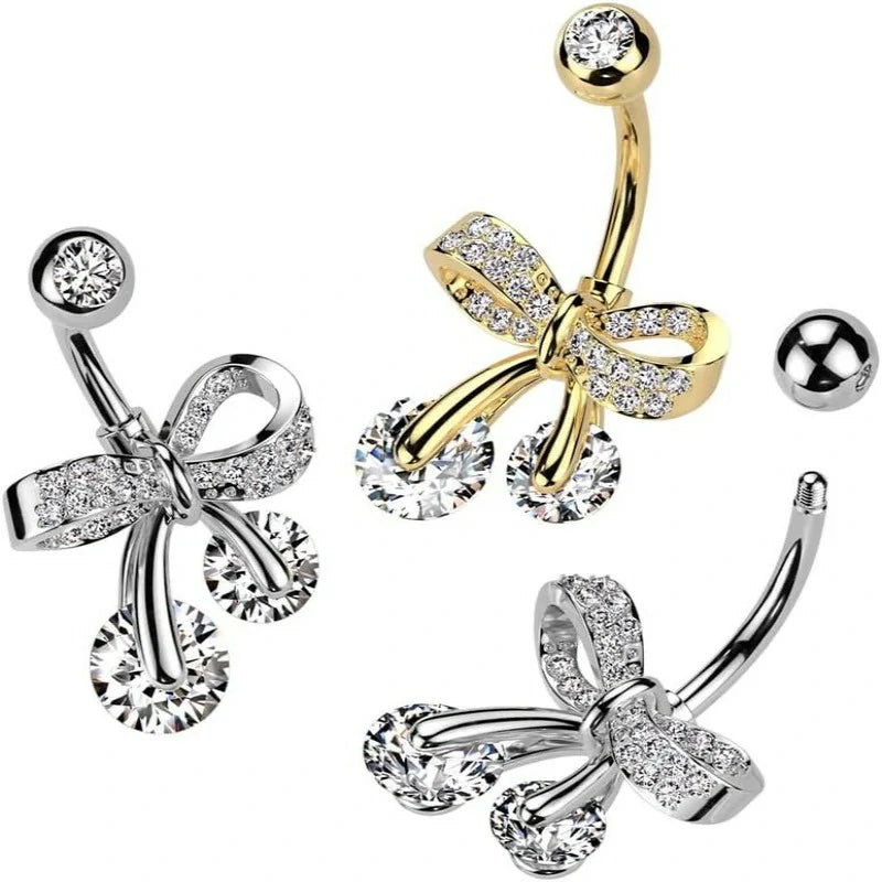 14GA 316L Stainless Steel CZ Crystal Paved Bow Ribbon Belly Button Ring