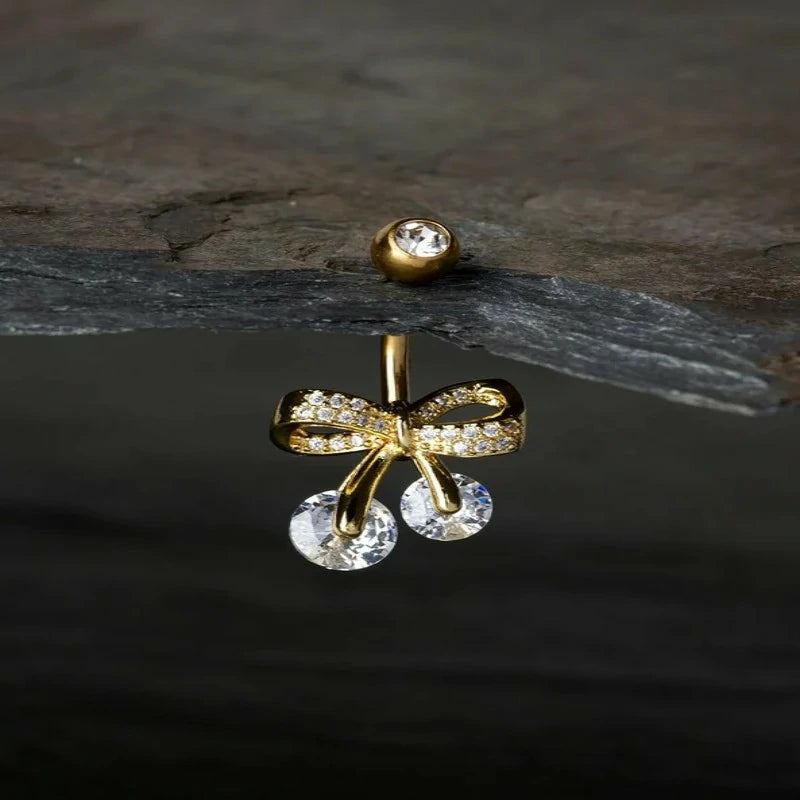 14GA 316L Stainless Steel CZ Crystal Paved Bow Ribbon Belly Button Ring