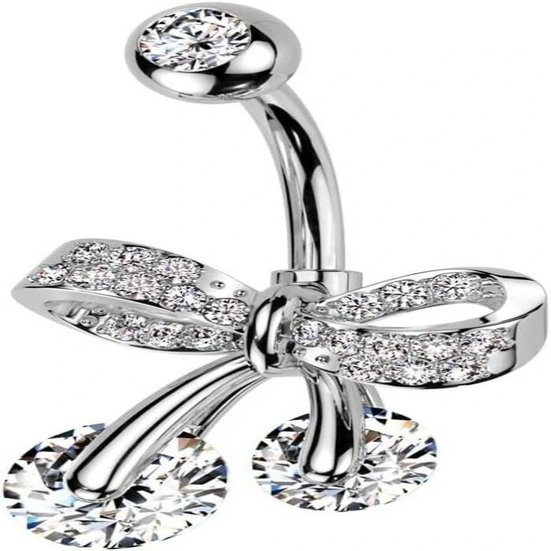 14GA 316L Stainless Steel CZ Crystal Paved Bow Ribbon Belly Button Ring
