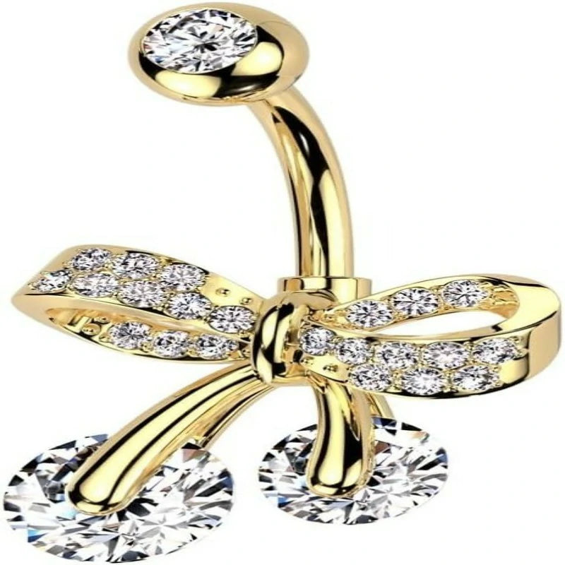 14GA 316L Stainless Steel CZ Crystal Paved Bow Ribbon Belly Button Ring