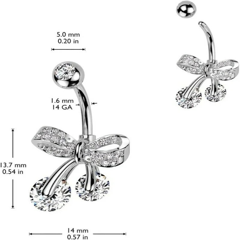 14GA 316L Stainless Steel CZ Crystal Paved Bow Ribbon Belly Button Ring