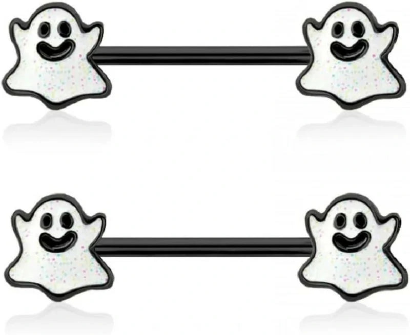 14GA 316L Stainless Steel Happy Little Ghost Ends Nipple Barbells
