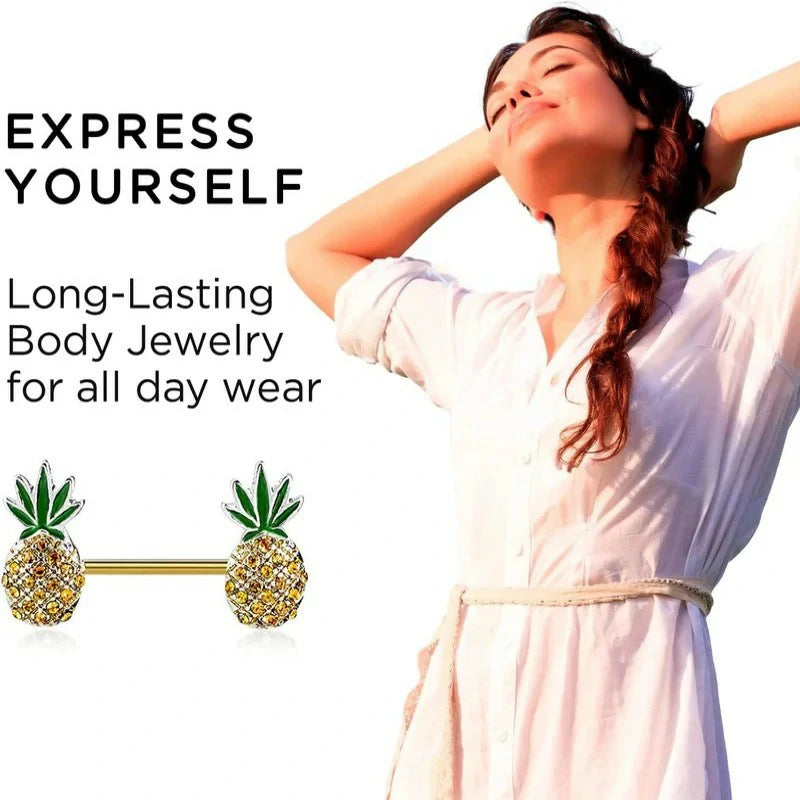 Pineapple Weed Gold Surgical Stainless Steel Set of 2 Barbell Cute 14G Pineapple Nipple Piercing