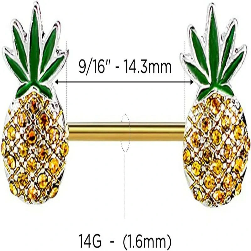 Pineapple Weed Gold Surgical Stainless Steel Set of 2 Barbell Cute 14G Pineapple Nipple Piercing