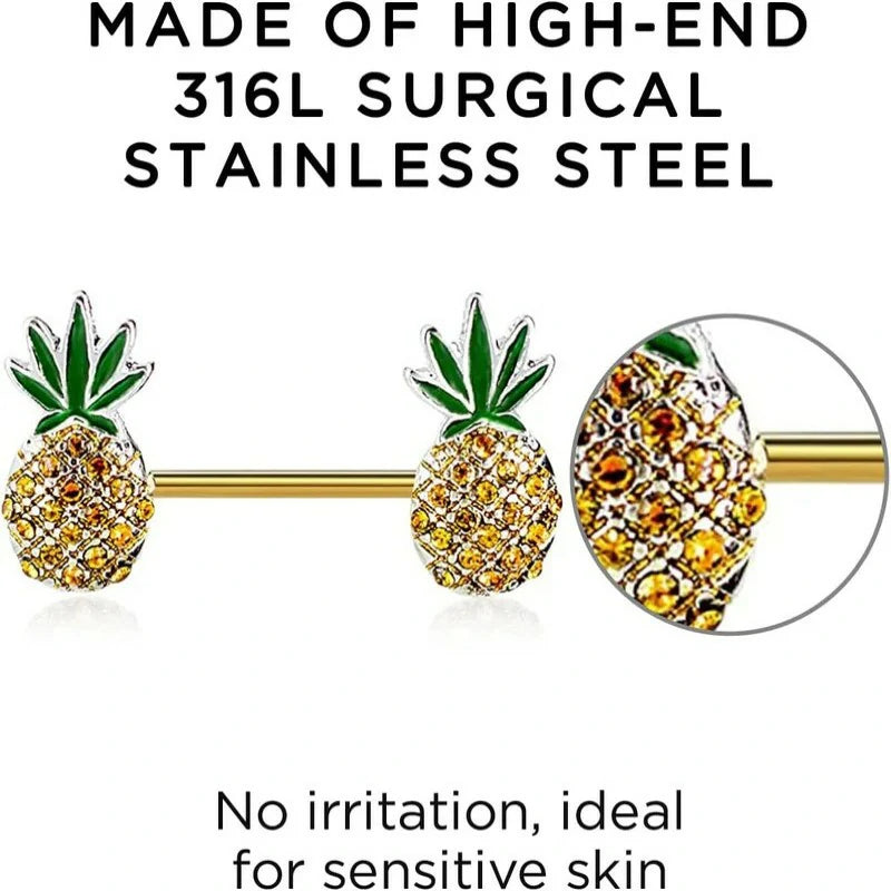 Pineapple Weed Gold Surgical Stainless Steel Set of 2 Barbell Cute 14G Pineapple Nipple Piercing
