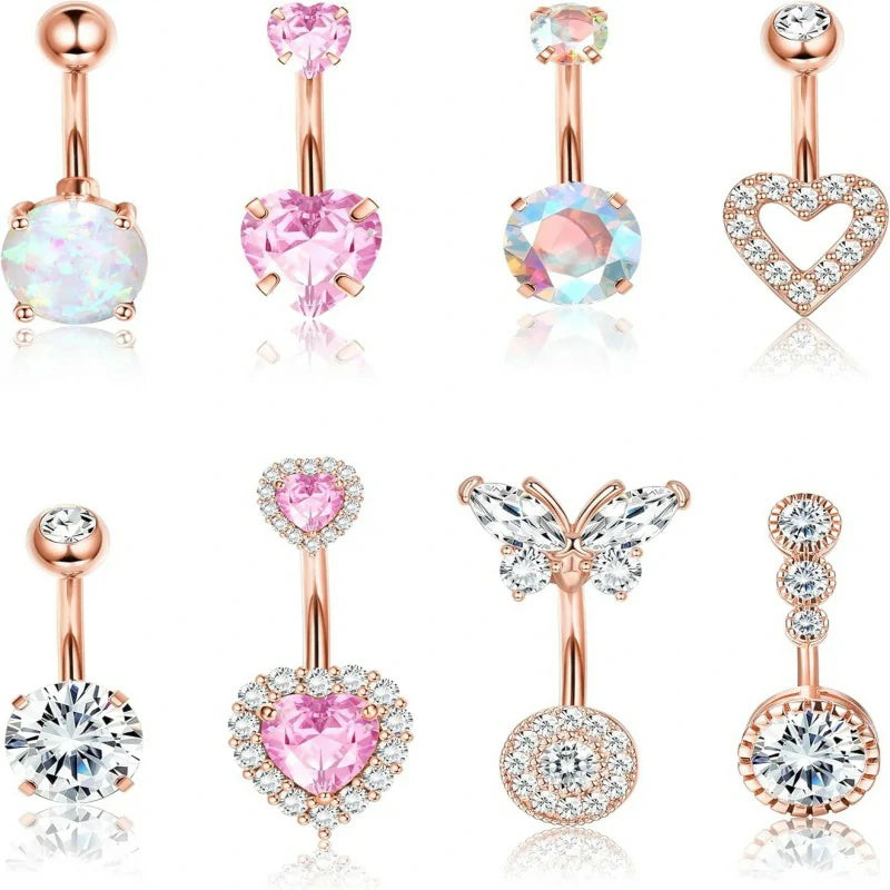 8Pcs 14G Surgical Stainless Steel Navel Piercing Hypoallergenic Cute Created-opal Butterfly Belly Button Rings