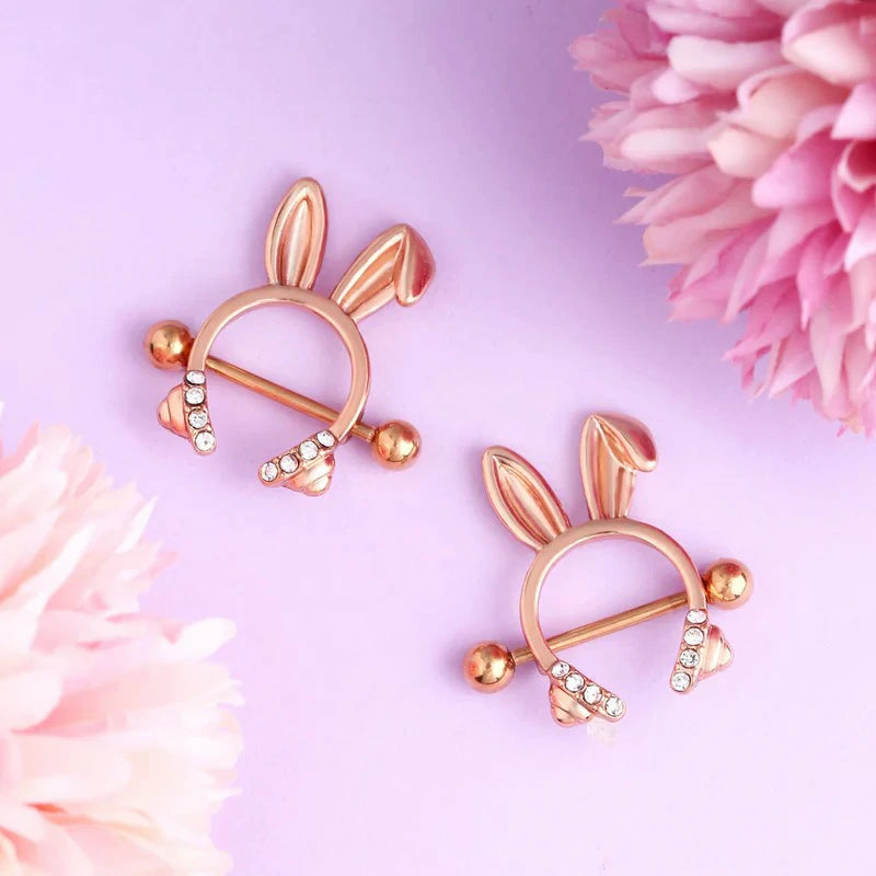 14G Rosy Bunny Ear Clear CZ Nipple Piercing Barbell Surgical Steel 316L Piercing Jewelry