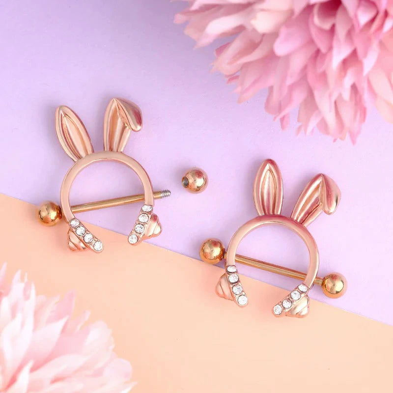 14G Rosy Bunny Ear Clear CZ Nipple Piercing Barbell Surgical Steel 316L Piercing Jewelry