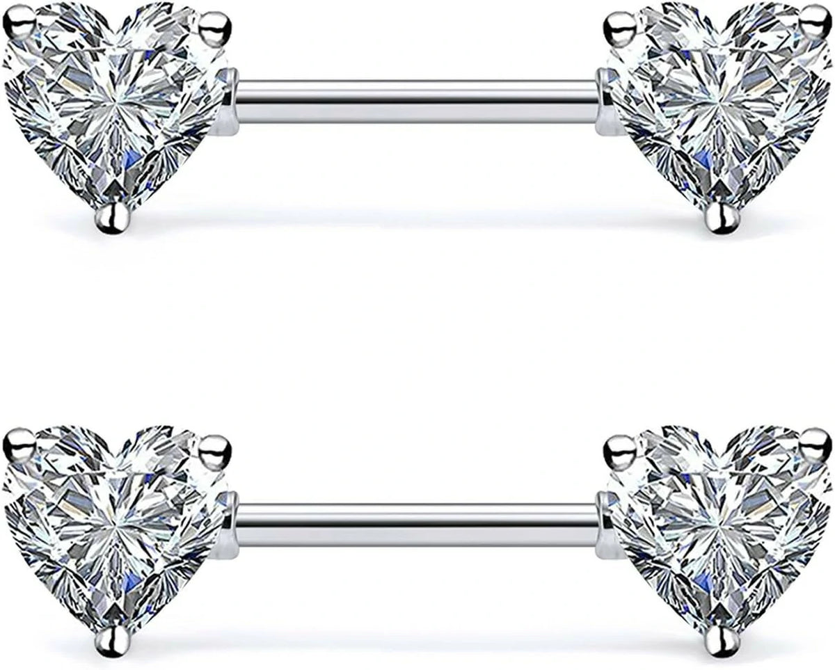 316L Stainless Steel Double Front Facing Clear CZ Nipple Shield Barbell Ring Piercing 14G