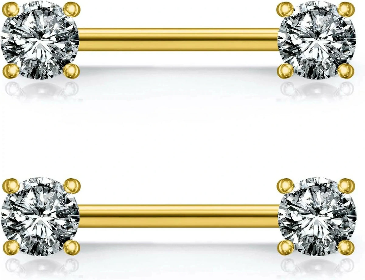 316L Stainless Steel Double Front Facing Clear CZ Nipple Shield Barbell Ring Piercing 14G