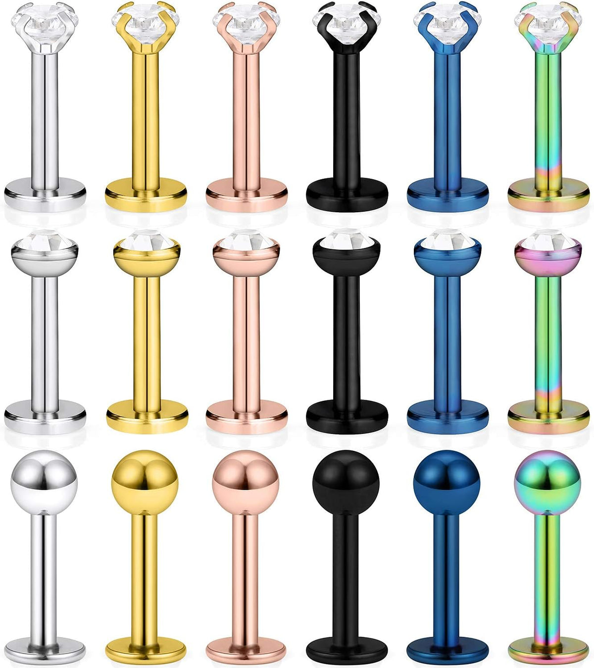 SCERRING 18PCS 16g Stainless Steel Clear Cubic Zirconia Labret Monroe Lip Tragus Cartilage Helix Earring Ring Body Piercing Jewelry 6mm 8mm 10mm - QIAO CrystalQIAO CrystalQIAO Crystal