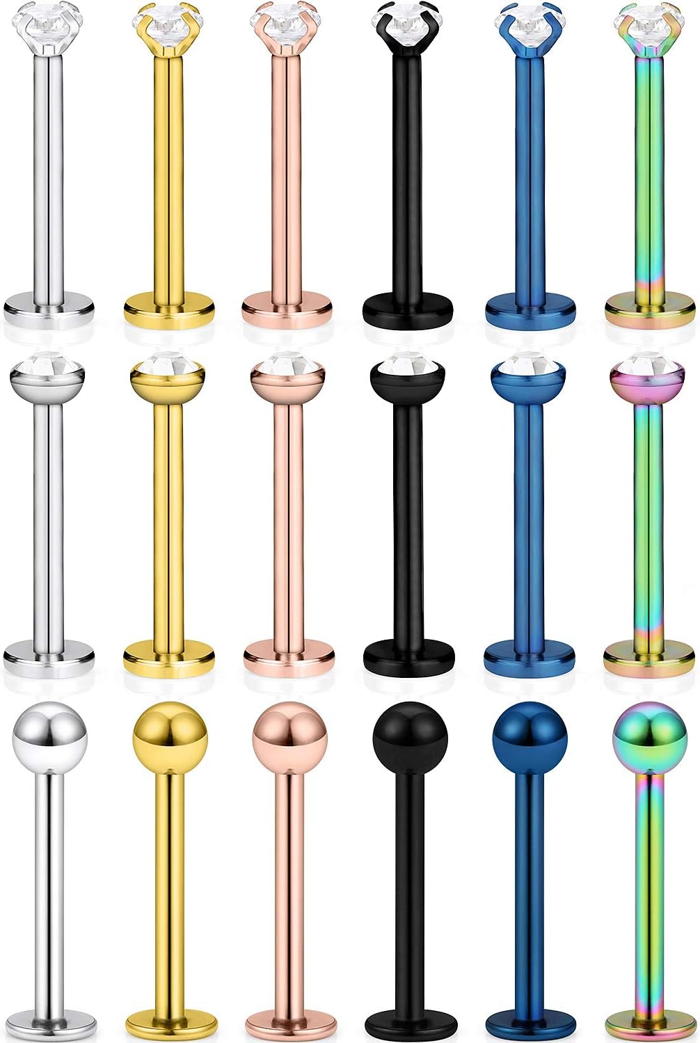 SCERRING 18PCS 16g Stainless Steel Clear Cubic Zirconia Labret Monroe Lip Tragus Cartilage Helix Earring Ring Body Piercing Jewelry 6mm 8mm 10mm - QIAO CrystalQIAO CrystalQIAO Crystal