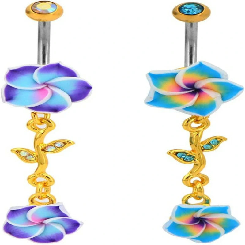 316L Surgical Steel Barbell Belly Button Navel Rings Dangles Boho Hawaiian Plumeria Flower