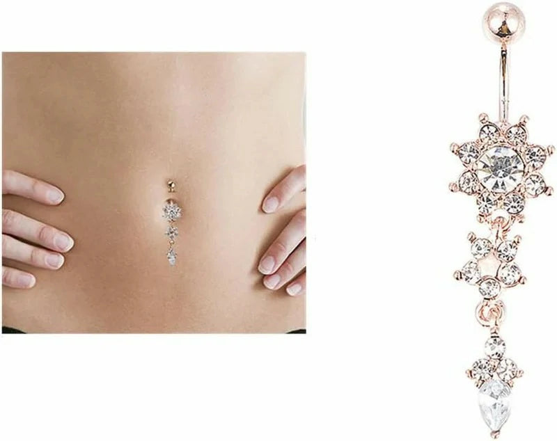 Sexy Women Crystal Body Dangle Ball Barbell Bar Belly Button Ring Navel Ring (Rose Gold)
