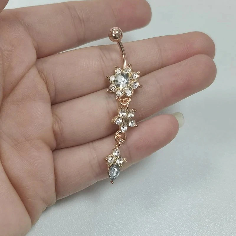 Sexy Women Crystal Body Dangle Ball Barbell Bar Belly Button Ring Navel Ring (Rose Gold)