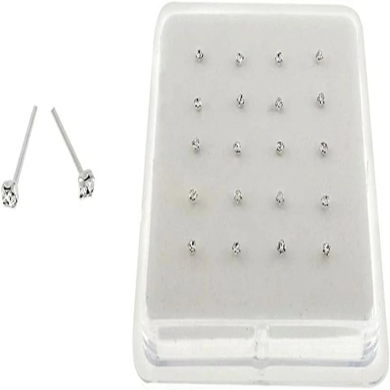 Silver Set of 20 Round Clear Simulated Diamond Nose Stud Box 1.5 mm Straight