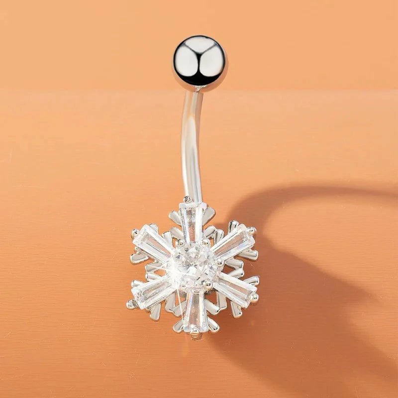 Snowflake Belly Button Ring Unisex Surgical Stainless Steel Cubic Zirconia Winter Frozen Flower Navel Barbell