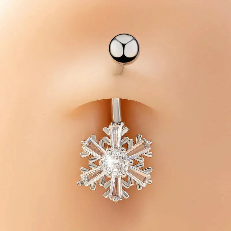 Snowflake Belly Button Ring Unisex Surgical Stainless Steel Cubic Zirconia Winter Frozen Flower Navel Barbell