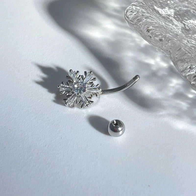 Snowflake Belly Button Ring Unisex Surgical Stainless Steel Cubic Zirconia Winter Frozen Flower Navel Barbell