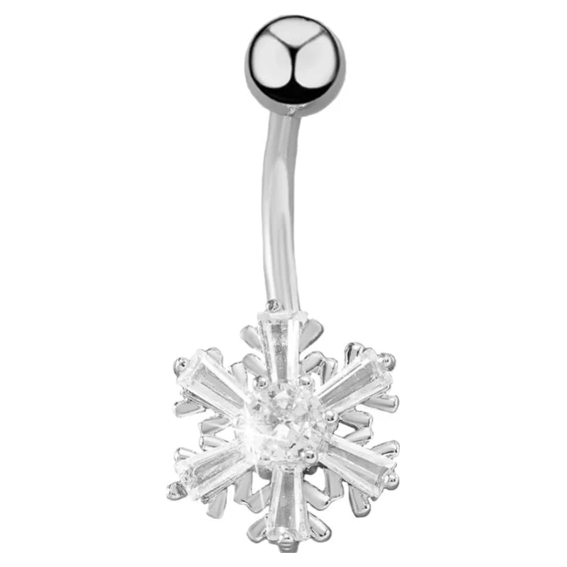 Snowflake Belly Button Ring Unisex Surgical Stainless Steel Cubic Zirconia Winter Frozen Flower Navel Barbell