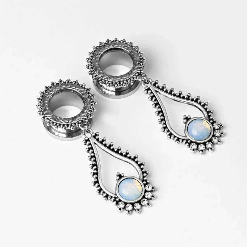 Stainless Steel Teardrop Opal Wedding Earrings Large Dangle Bridal Plug Ear Gauges