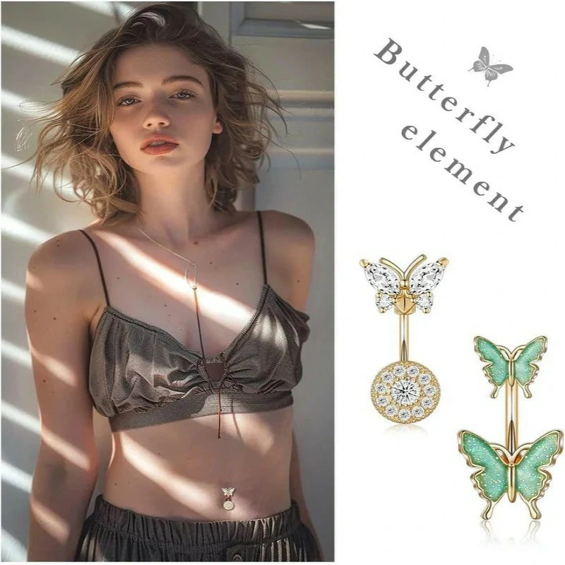 Steel Belly Button Ring with Cute Butterfly Navel Rings Piercing Jewelry Pack