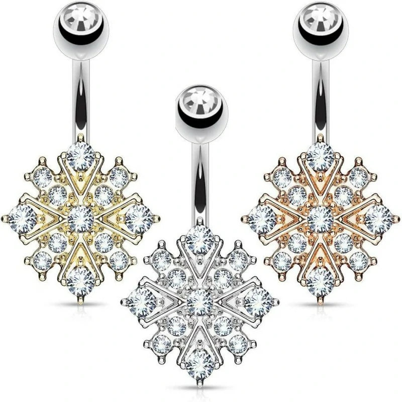 Jewelry Surgical Steel Crystalline Paved Snowflake Belly Button Ring