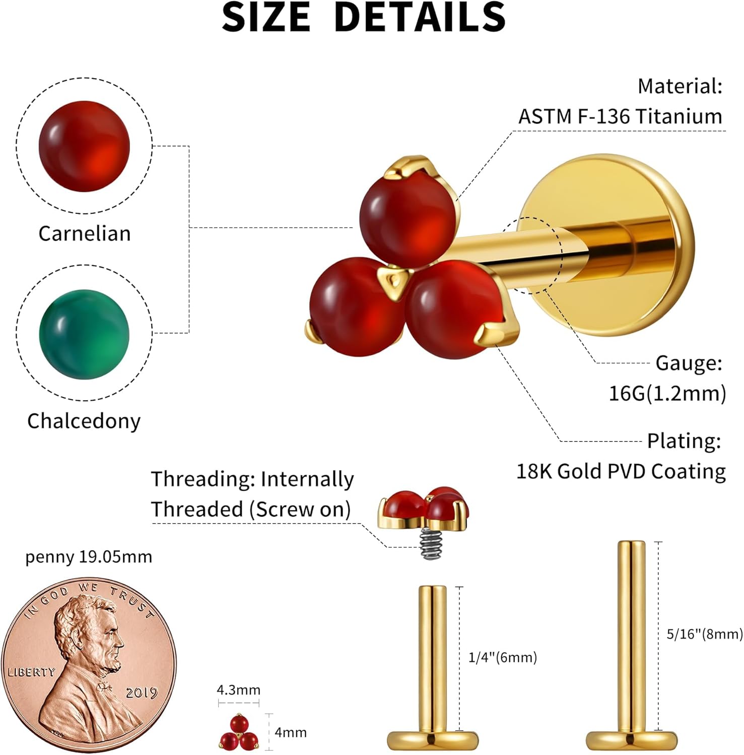 Titanium Gold Tragus Hypoallergenic Cartilage Earring Internally Threaded Flat Back Stud - QIAO CrystalQIAO CrystalQIAO Crystal