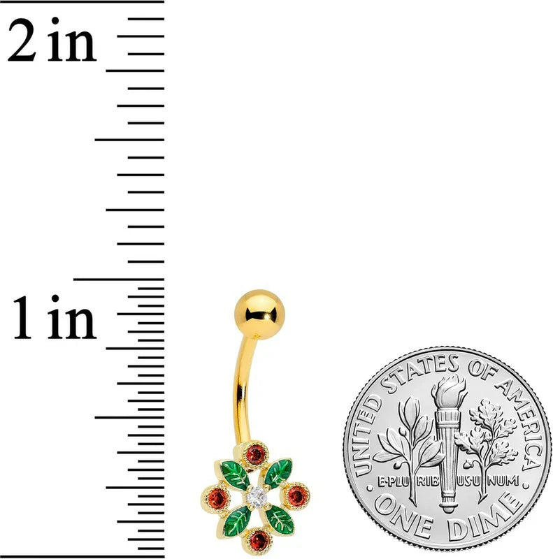 14G PVD Stainless Steel Navel Ring Piercing Christmas Holly Crest Belly Button Ring