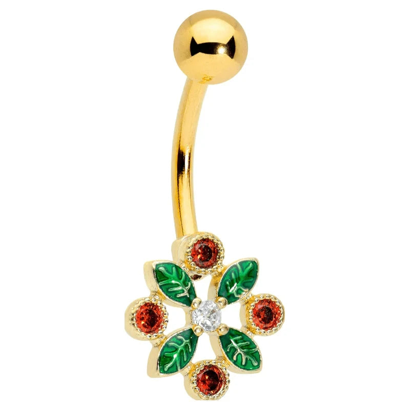 14G PVD Stainless Steel Navel Ring Piercing Christmas Holly Crest Belly Button Ring
