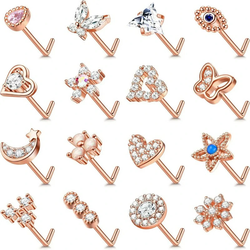16 pcs Gold  20G Surgical Steel Nose Ring L Shaped Hypoallergenic CZ Heart Nose Studs
